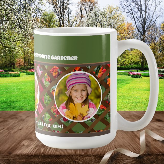 Morsdags trädgårdsgrönt flerbilder kaffemugg (A colorful, personalized, multi-photo mug, especially for garden lovers on Mother's Day)