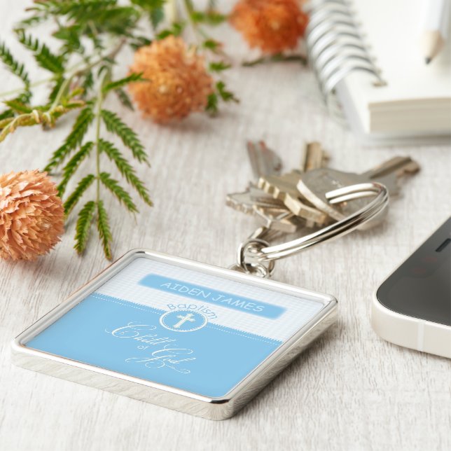 Morson Baptism Grattisar Guds blå barn Fyrkantig Silverfärgad Nyckelring (Sidan)