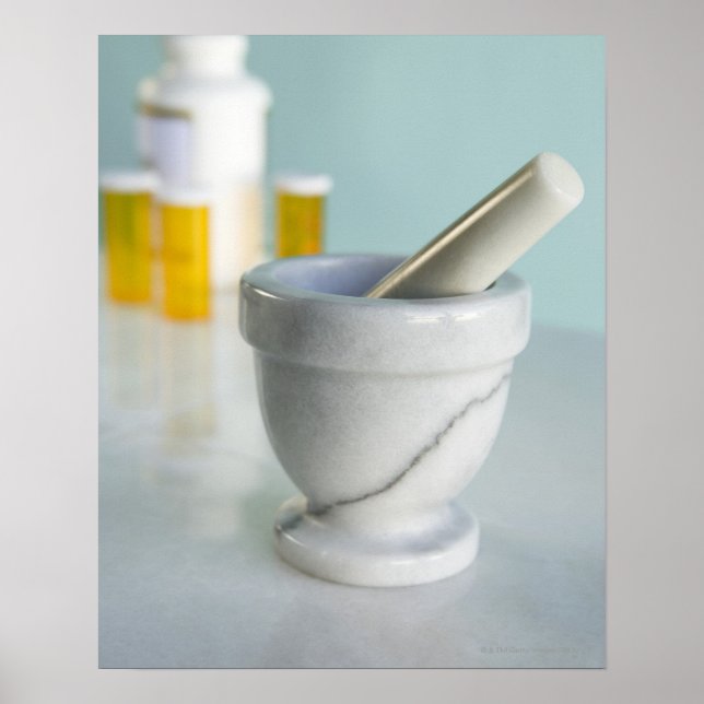 Mortar och Pestle, Pill Flaskor i bakgrunden Poster (Framsidan)