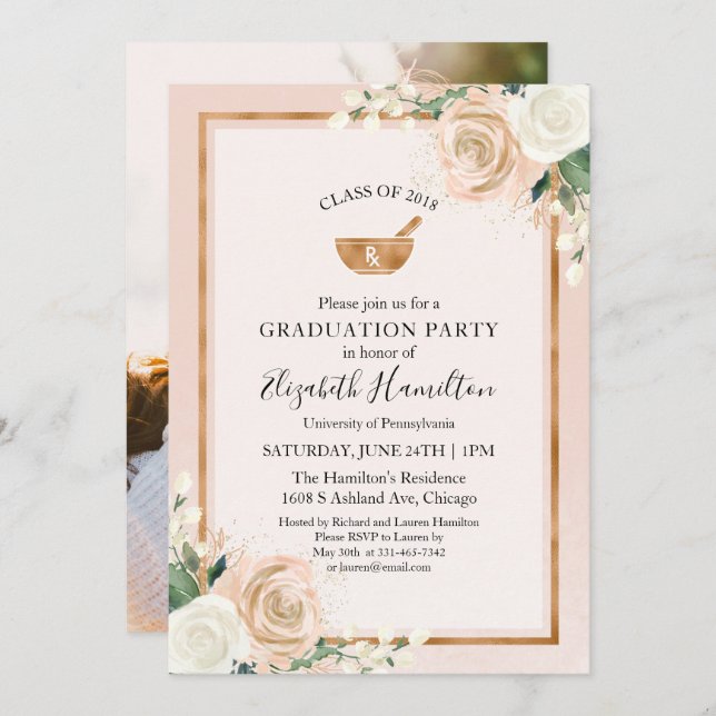 Mortar och Pestle Rx Pharmacy School Grad Photo Inbjudningar (Fram/baksida)