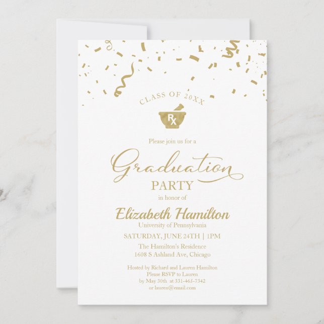 Mortar Pestle Pharmacy Grad Party Guld Confetti Inbjudningar (Framsida)