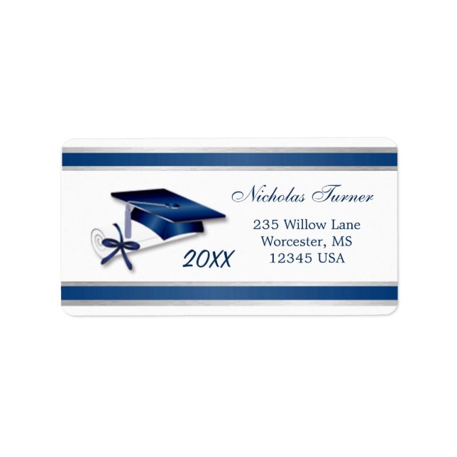 Mortartak och examensbevis för silver blå Studente Adressetikett (Framsidan)