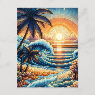Mosaic Ai Konst Ocean Solnedgång och Palmträd Vykort