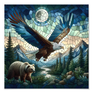 Mosaic Bear och Eagle i bergen Ai Art Fototryck