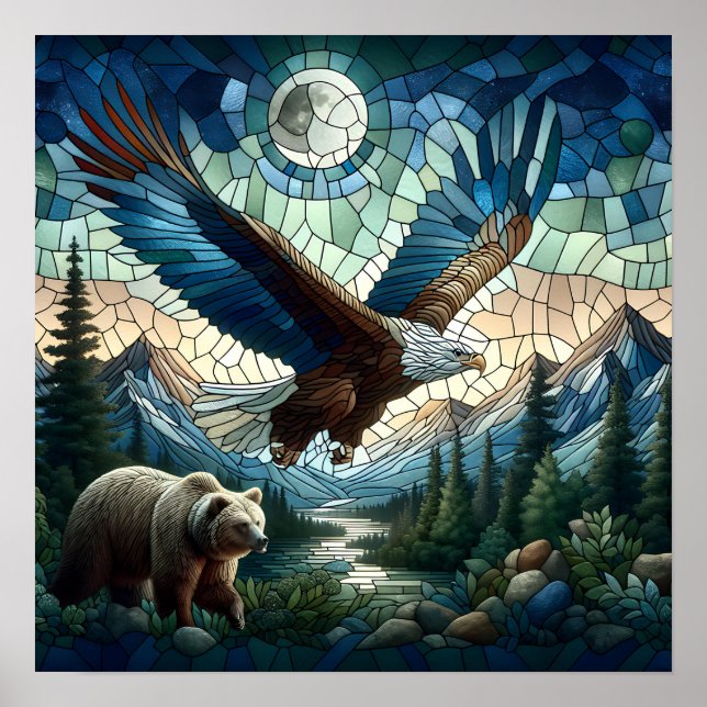 Mosaic Bear och Eagle i bergen Ai Art Poster (Framsidan)
