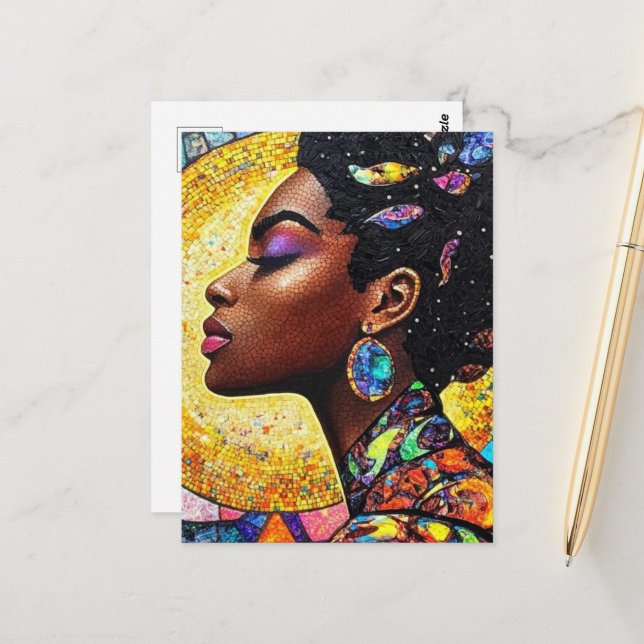 Mosaic Black Queen Art Gold Jewel Tone Vykort (Fram/Back In Situ)