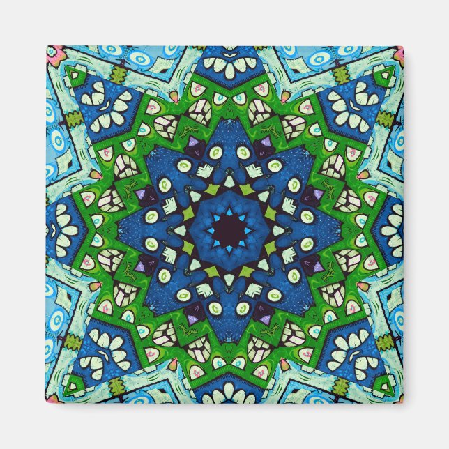 Mosaic Blue Grönt Hippie Boho Mandala Magnet (Framsidan)