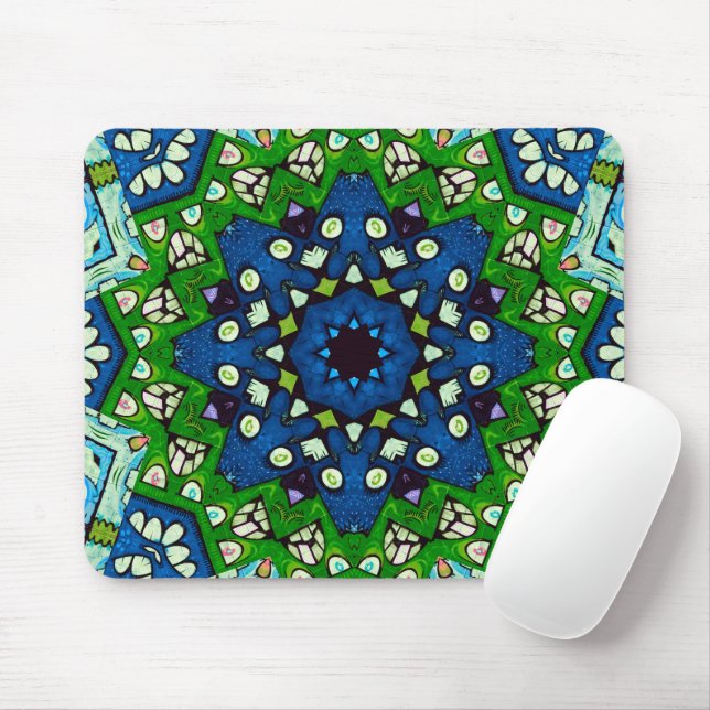 Mosaic Blue Grönt Hippie Boho Mandala Musmatta (Med mus)