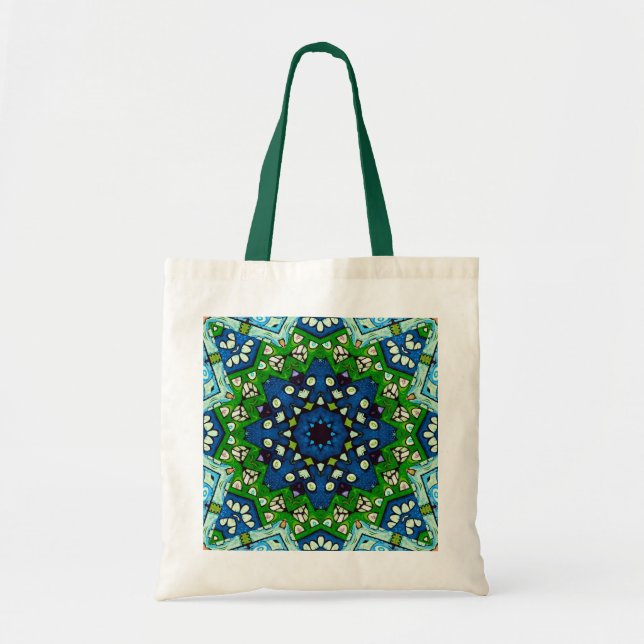 Mosaic Blue Grönt Hippie Boho Mandala Tygkasse (Framsidan)