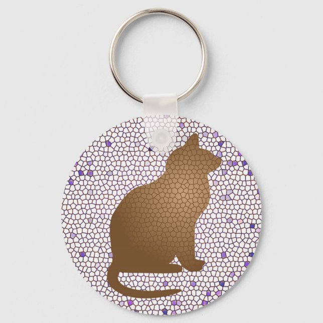 Mosaic Brown Cat med Lila Glass Nyckelring (Framsida)