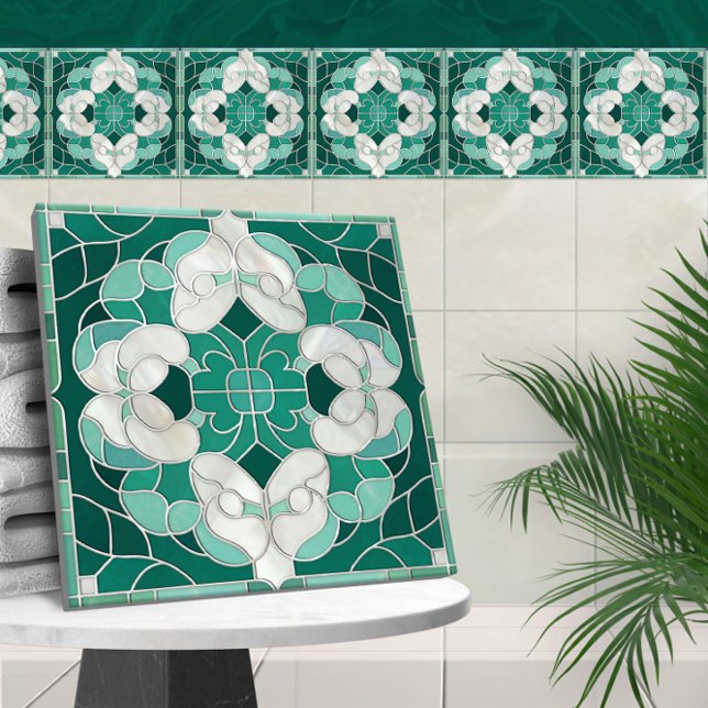 Mosaic Flourish Marble Ornament Grönt and White Kakelplatta (Skapare uppladdad)