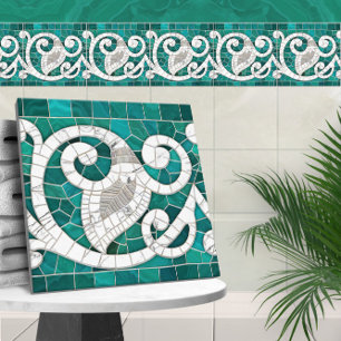 Mosaic Flourish Marble Ornament Grönt and White Kakelplatta
