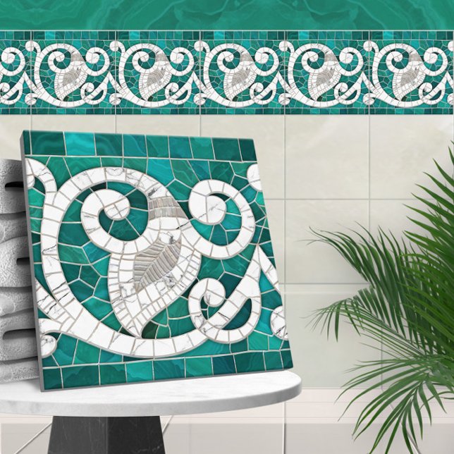 Mosaic Flourish Marble Ornament Grönt and White Kakelplatta (Skapare uppladdad)