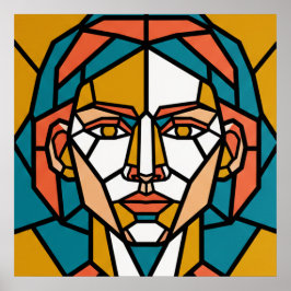 Mosaic Geometric Portrait in Amber and Teal Poster