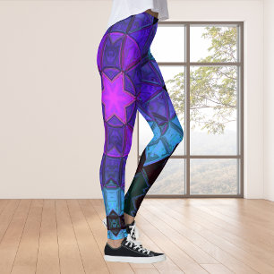 Mosaic Kaleidoscope Flower Blue Lila and Black Leggings