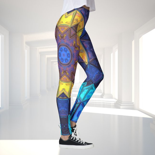 Mosaic Kaleidoscope Flower Blue och Gult Leggings (Skapare uppladdad)