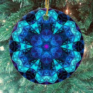 Mosaic Kaleidoscope Flower Blue och Lila Julgransprydnad Keramik