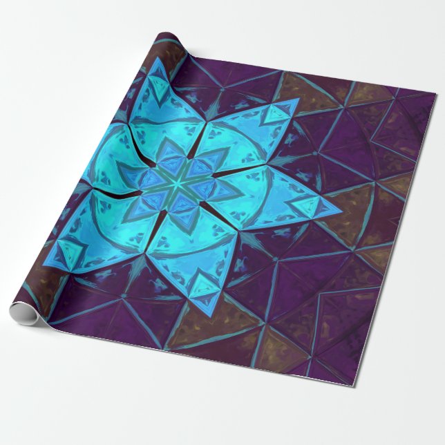 Mosaic Kaleidoscope Flower Blue och Lila Presentpapper (Utrullad)