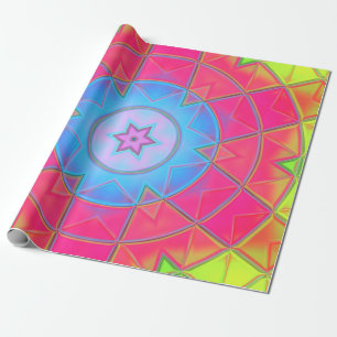 Mosaic Kaleidoscope Flower Blue Rosa and Gult Presentpapper