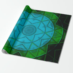 Mosaic Kaleidoscope Flower Grönt and Blue Presentpapper