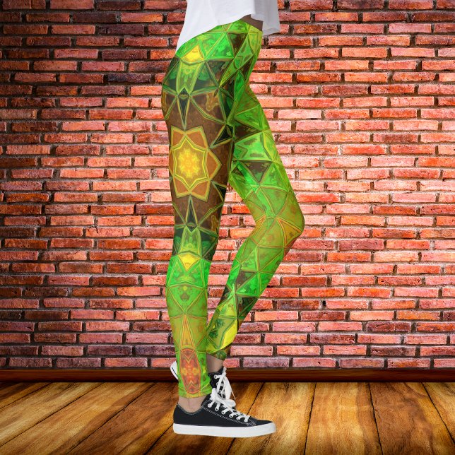 Mosaic Kaleidoscope Flower Grönt and Orange Leggings (Skapare uppladdad)