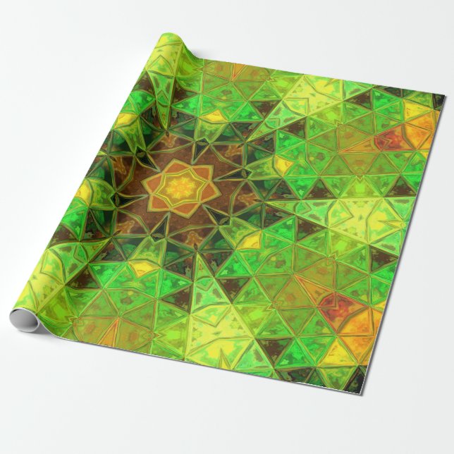 Mosaic Kaleidoscope Flower Grönt and Orange Presentpapper (Utrullad)