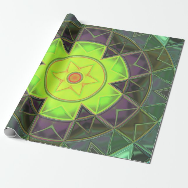 Mosaic Kaleidoscope Flower Grönt Lila and Gult Presentpapper (Utrullad)