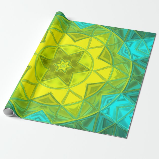 Mosaic Kaleidoscope Flower Gult and Blue Presentpapper (Utrullad)