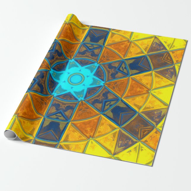 Mosaic Kaleidoscope Flower Gult and Blue Presentpapper (Utrullad)
