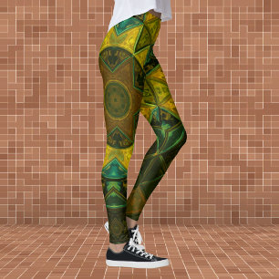 Mosaic Kaleidoscope Flower Gult and Grönt Leggings