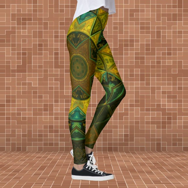 Mosaic Kaleidoscope Flower Gult and Grönt Leggings (Skapare uppladdad)