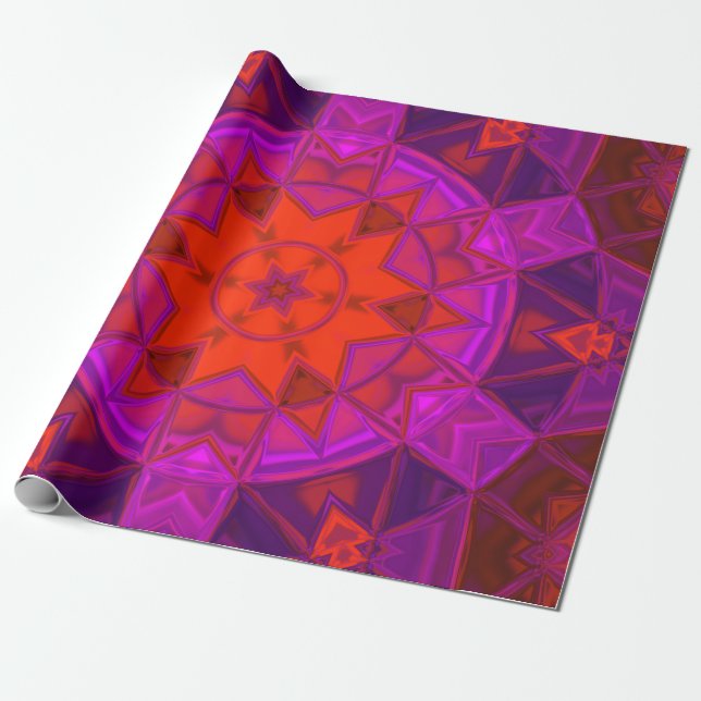 Mosaic Kaleidoscope Flower Lila Rosa and Red Presentpapper (Utrullad)