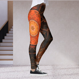 Mosaic Kaleidoscope Flower Orange and Brown Leggings