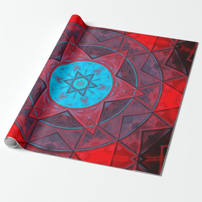 Mosaic Kaleidoscope Flower Red and Blue Presentpapper (Utrullad)