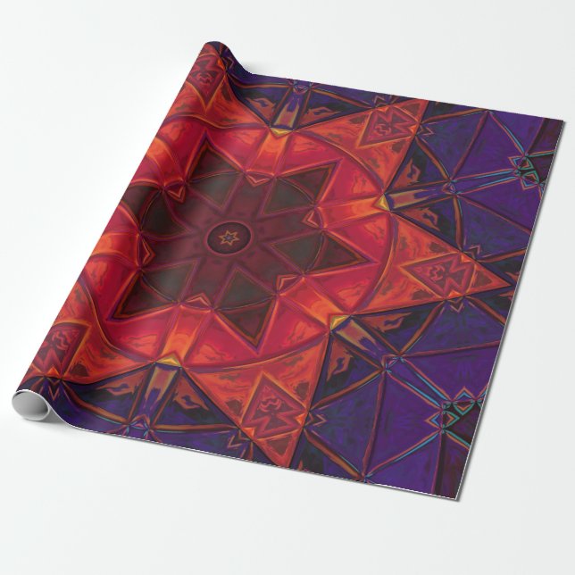 Mosaic Kaleidoscope Flower Red and Lila Presentpapper (Utrullad)