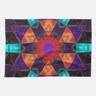 Mosaic Kaleidoscope Flower Red Orange and Blue Kökshandduk