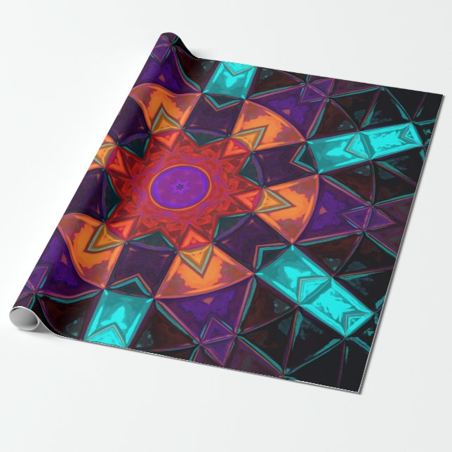 Mosaic Kaleidoscope Flower Red Orange and Blue Presentpapper (Utrullad)