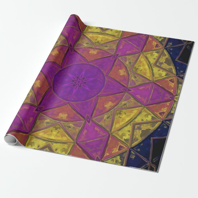 Mosaic Kaleidoscope Flower Rosa and Gult Presentpapper (Utrullad)