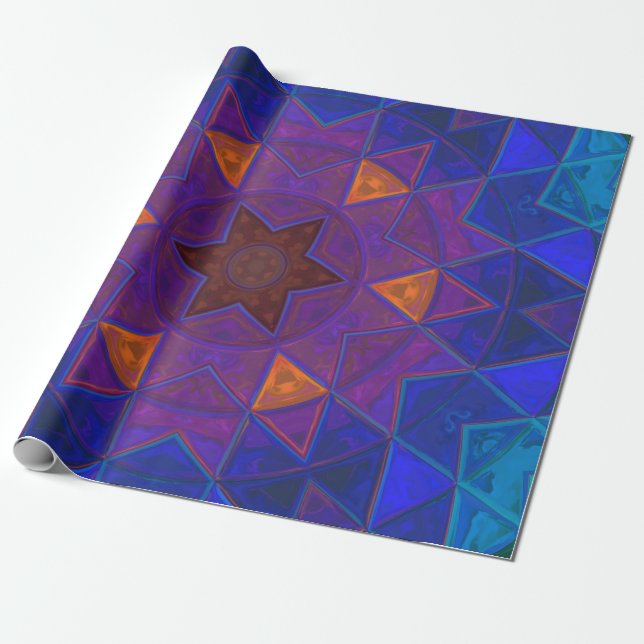 Mosaic Kaleidoscope Flower Rosa Blue och Gult Presentpapper (Utrullad)