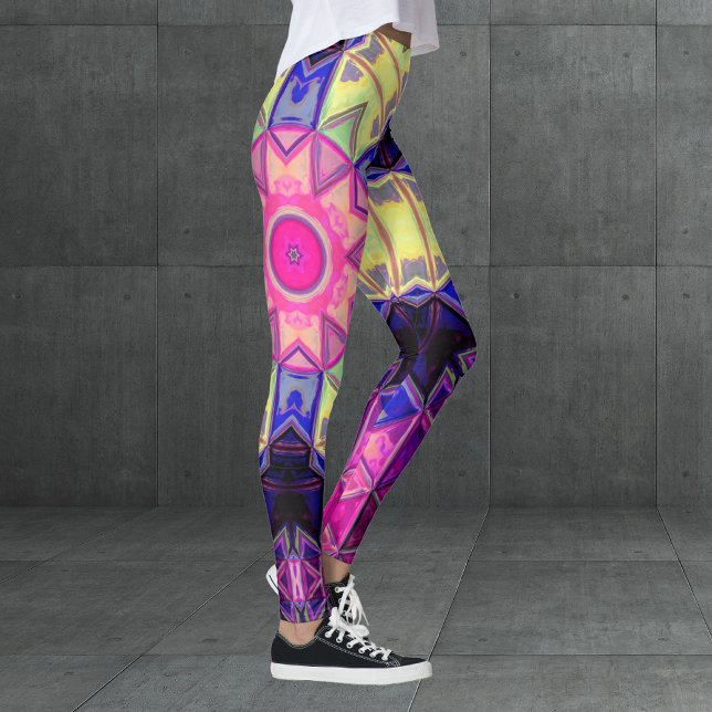 Mosaic Kaleidoscope Flower Rosa Gult och Blue Leggings (Skapare uppladdad)
