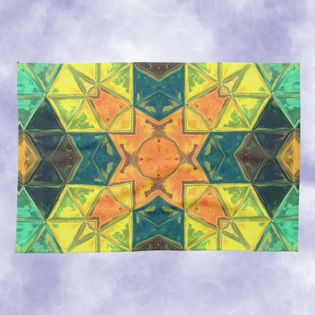 Mosaic Kaleidoscope Square Orange Gult och Grönt Kökshandduk (Skapare uppladdad)
