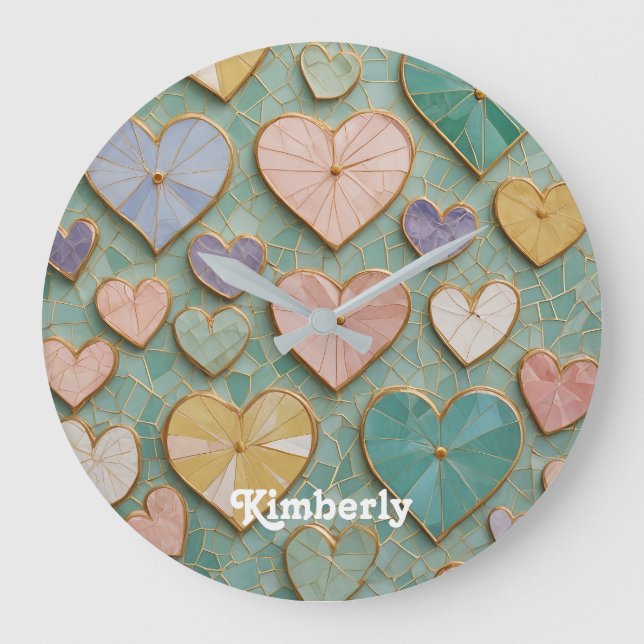 Mosaic Kärlek: Pastel Hearts Stor Klocka (Framsida)