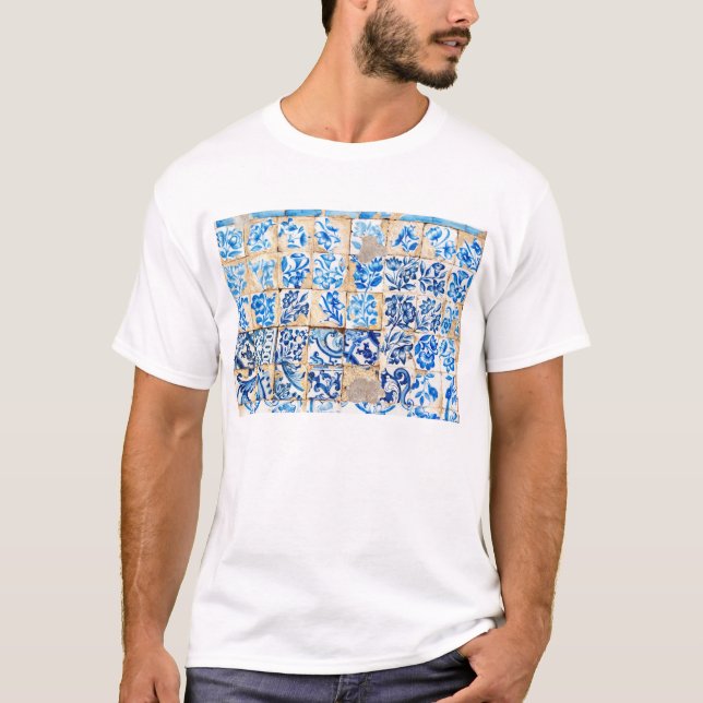 Mosaic lisbon blue dekoration portugal old tile tee shirt (Framsida)