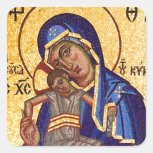 Mosaic Madonna & Child Icon Fyrkantigt Klistermärke