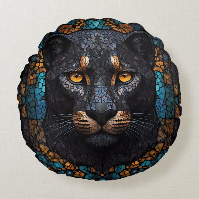 Mosaic Majesty: The Black Panther Rund Kudde (Framsidan)