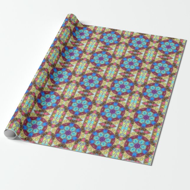 Mosaic Mandala Blue Rosa och Gult Presentpapper (Utrullad)