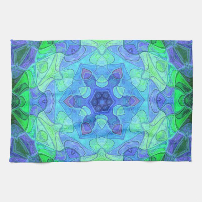 Mosaic Mandala Flower Blue och Grönt Kökshandduk (Horisontell)