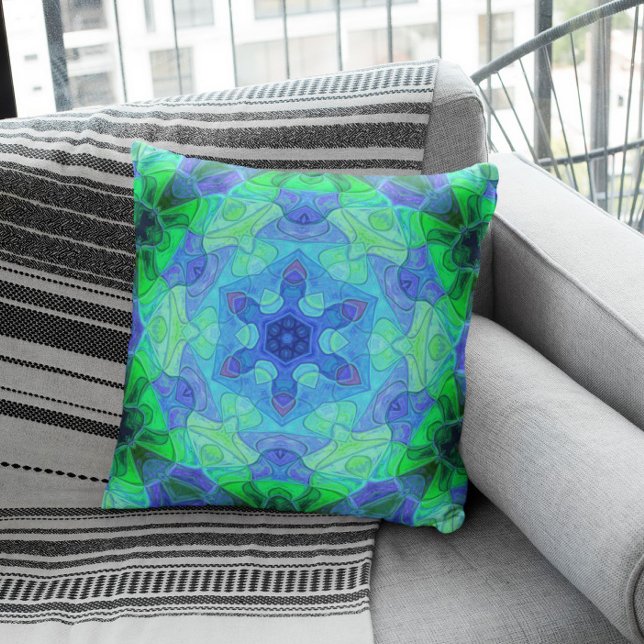 Mosaic Mandala Flower Blue och Grönt Kudde (Skapare uppladdad)