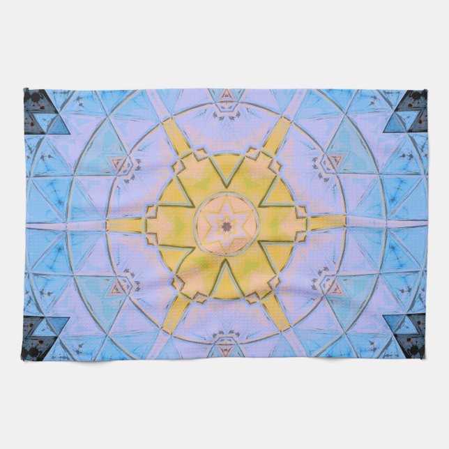Mosaic Mandala Flower Blue och Gult Kökshandduk (Horisontell)