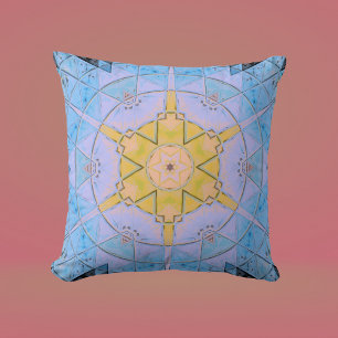 Mosaic Mandala Flower Blue och Gult Kudde
